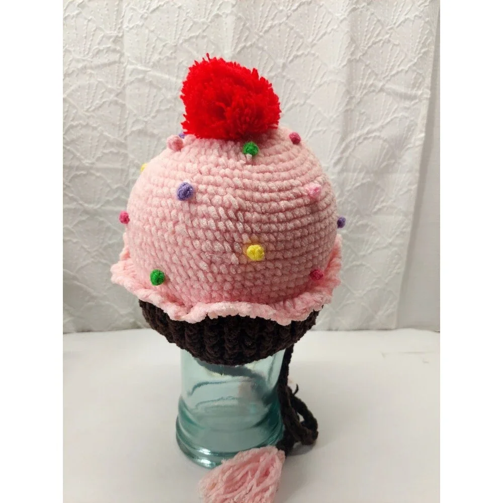 Day Lee Design Knit Pink Cupcake with Red PomPom Beanie  Size 1-2 Year Old